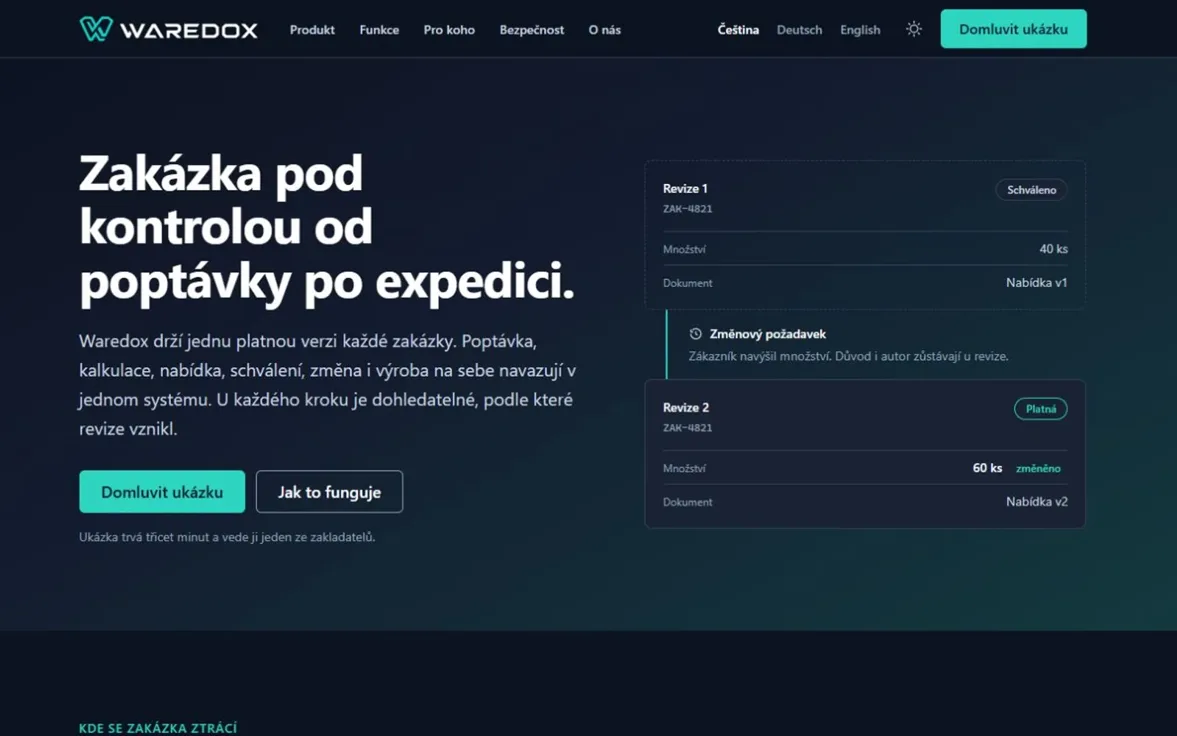 Úvodní stránka Waredox s přehledem výrobního workflow